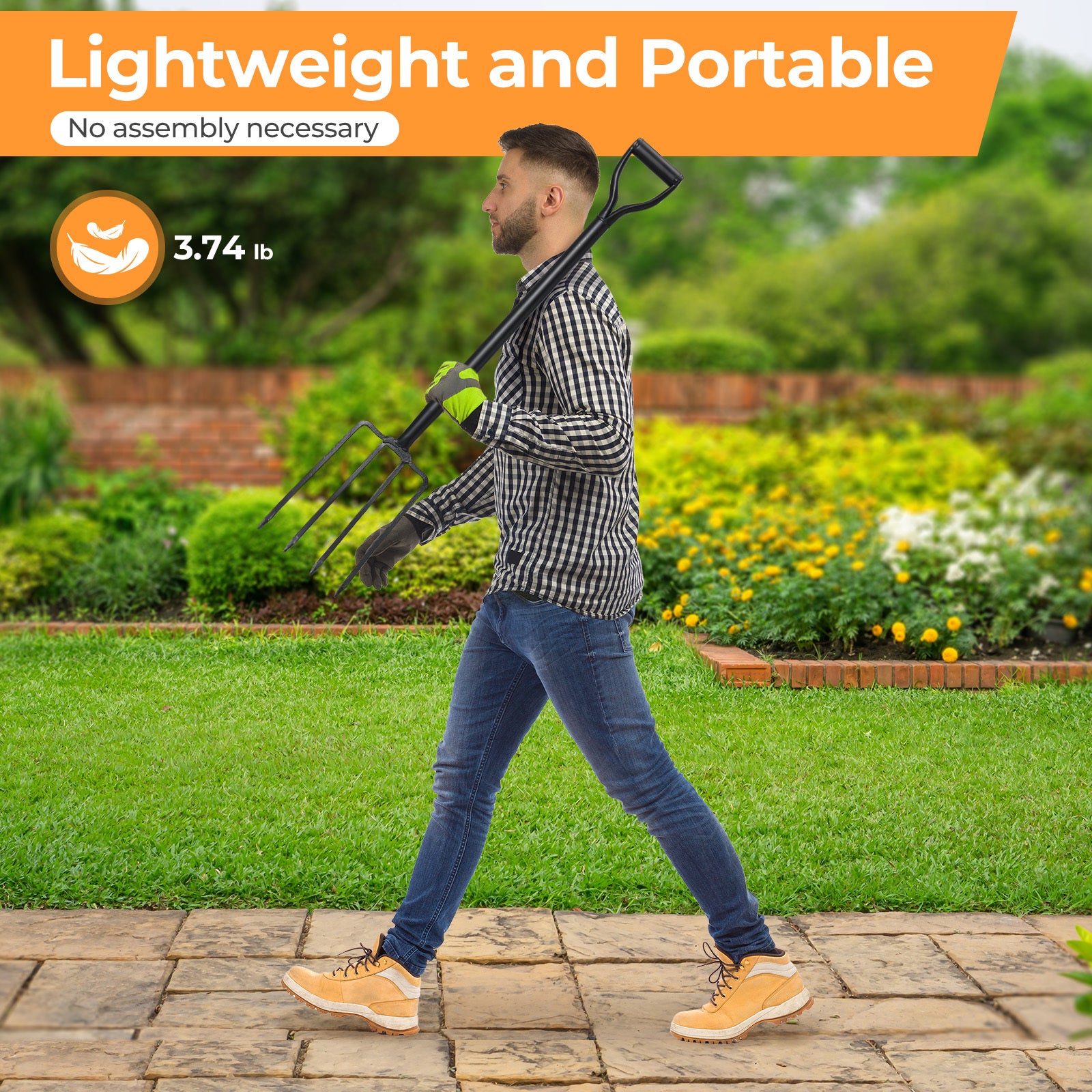 Heavy-Duty 4-Prong Garden Fork, Made of Carbon Steel, 42-Inch Long Handle with Ergonomic Non-Slip Grip, Ideal for Soil Turning, Weeding, Lawn Maintenance & Planting, Gardening Equipment