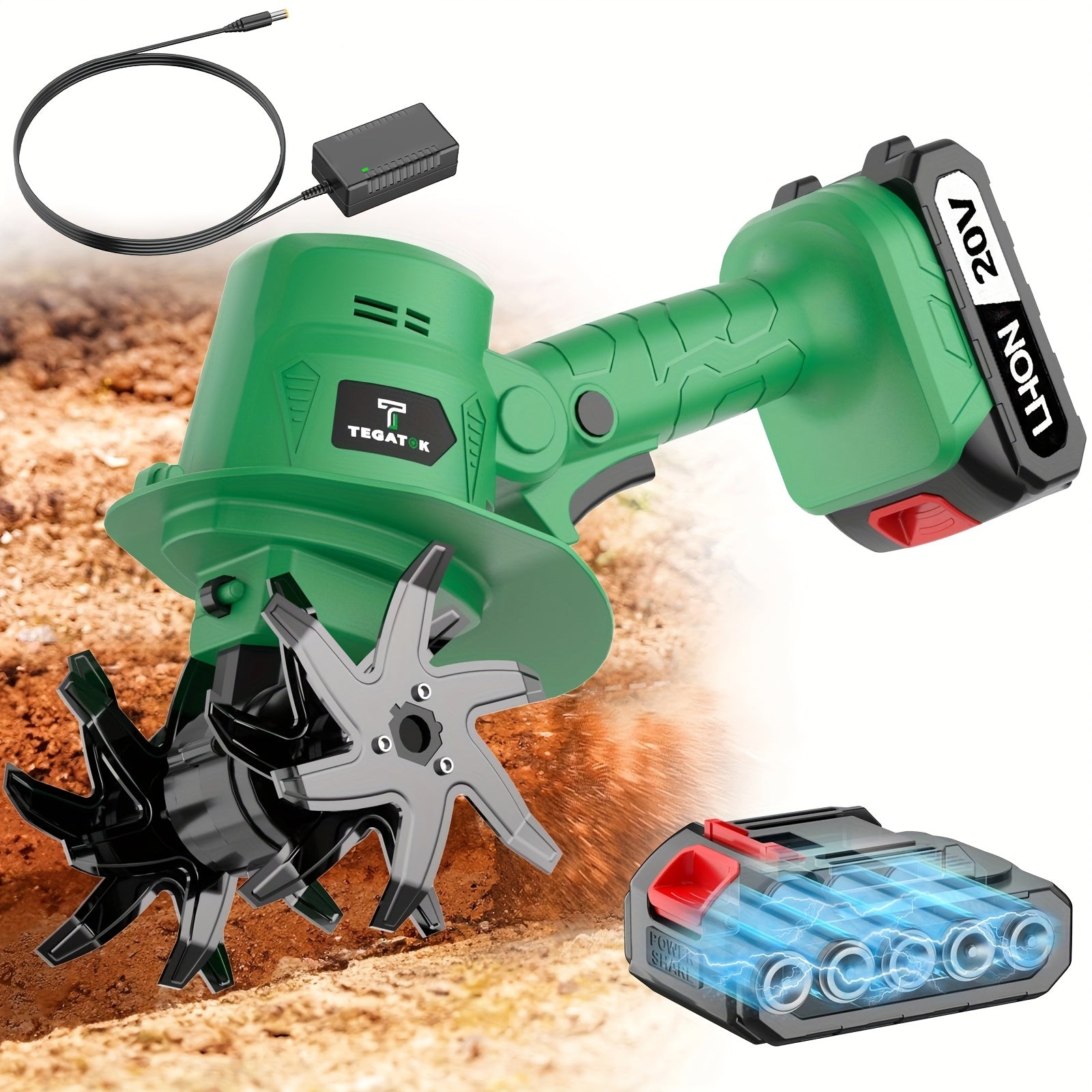 20V Cordless Tiller Cultivator, Electric Garden Tiller, Lightweight Handheld Tiller Cultivator, 9-inch Tilling Width & 6.6-inch Depth Rototiller, Equipped with 1 Or 2 Battery & Charger, Suitable for Turning Soil in Courtyard Farming in Field