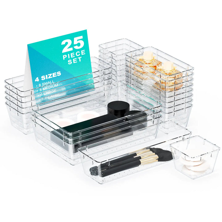 25 Pcs Clear Plastic Drawer Organizer Set: 4 Sizes Desk Drawer Dividers &