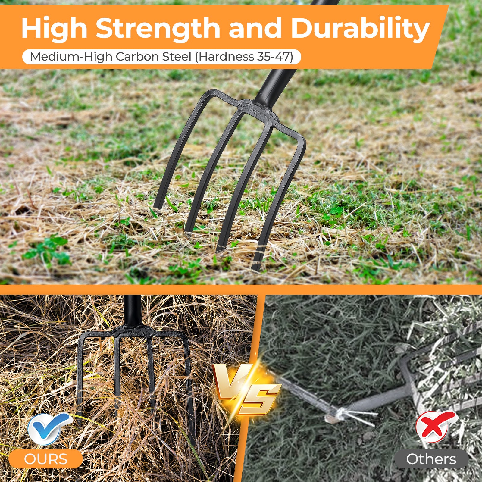 Heavy-Duty 4-Prong Garden Fork, Made of Carbon Steel, 42-Inch Long Handle with Ergonomic Non-Slip Grip, Ideal for Soil Turning, Weeding, Lawn Maintenance & Planting, Gardening Equipment