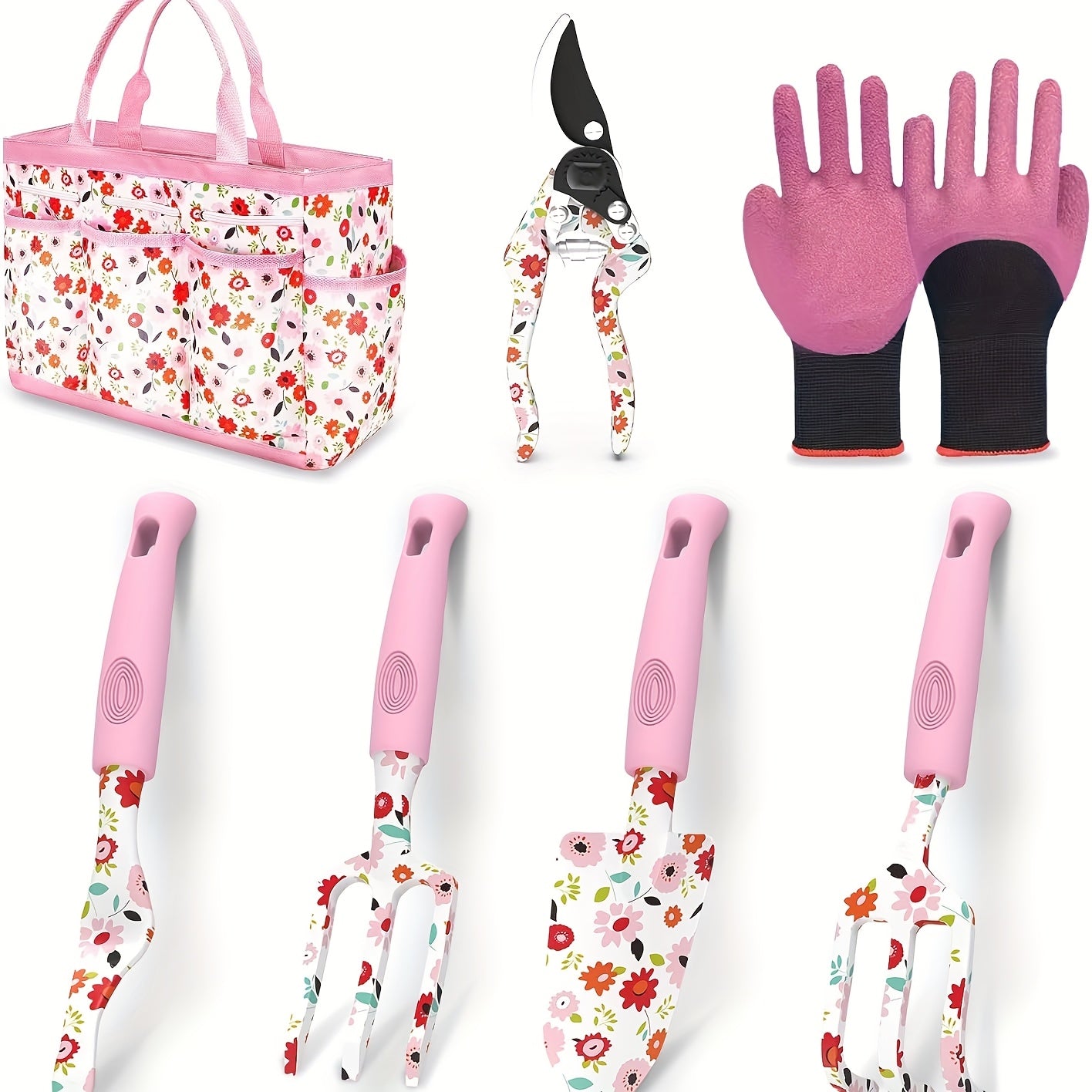 7pcs Pink\u002FBlack And Orange Gardening Tool Set, Heavy Duty Aluminum Hand Tools, Ergonomic Non-Slip Handles, Metal Gardening Tool Bag with Gloves And Carrying Pouch, Floral Design for Women