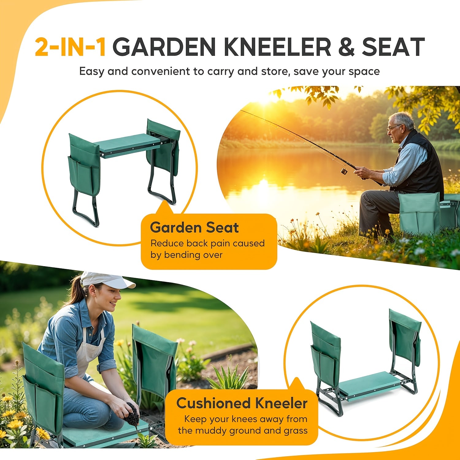 Deluxe Garden Kneeler And Seat, Foldable Kneeling Stool With Thicker EVA Foam Pad Heavy Duty Bench, With Tool Pouch And Gardening Tools Set Of 3, Gifts For Outdoor Gardening, Fishing-best Gift For Holiday