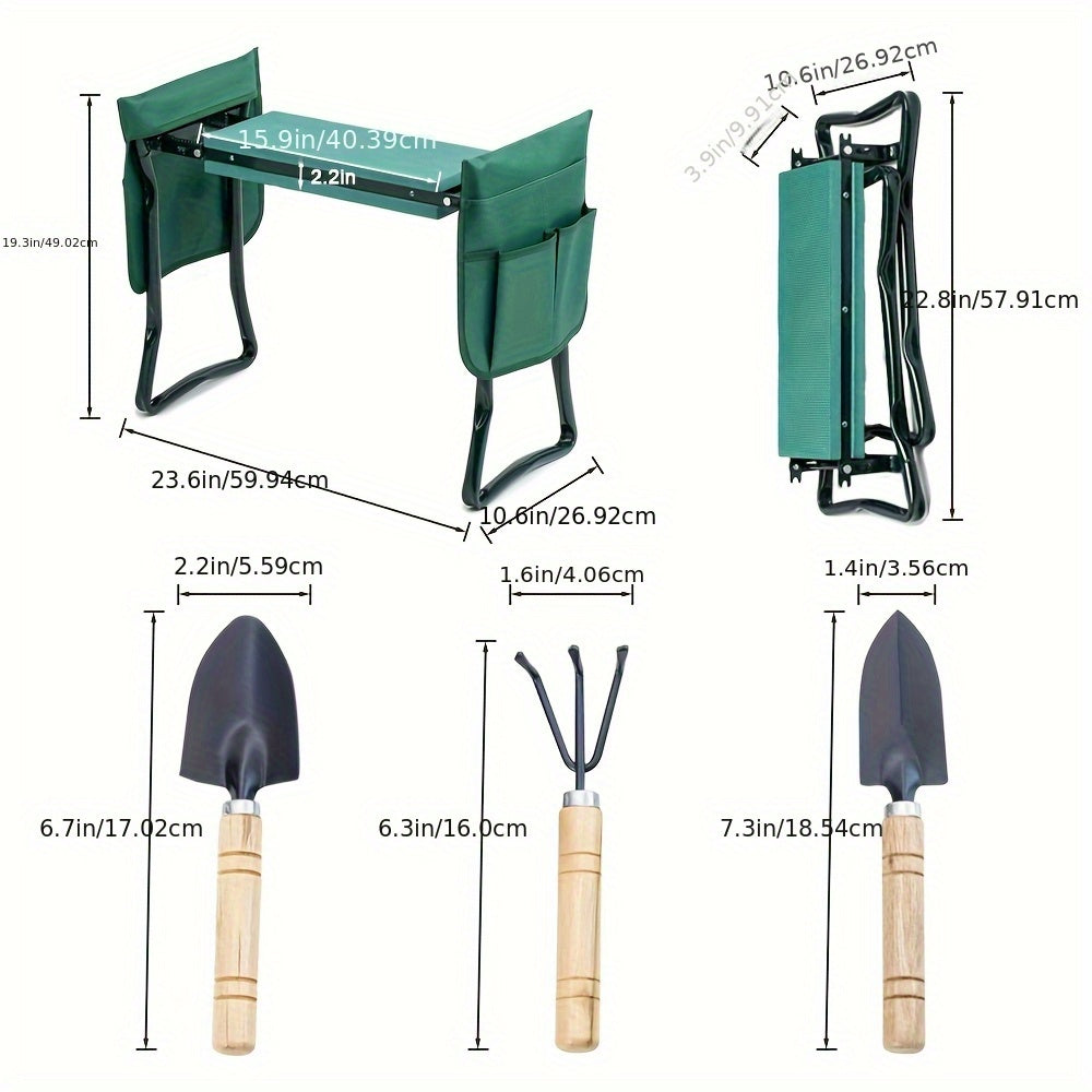 Deluxe Garden Kneeler And Seat, Foldable Kneeling Stool With Thicker EVA Foam Pad Heavy Duty Bench, With Tool Pouch And Gardening Tools Set Of 3, Gifts For Outdoor Gardening, Fishing-best Gift For Holiday