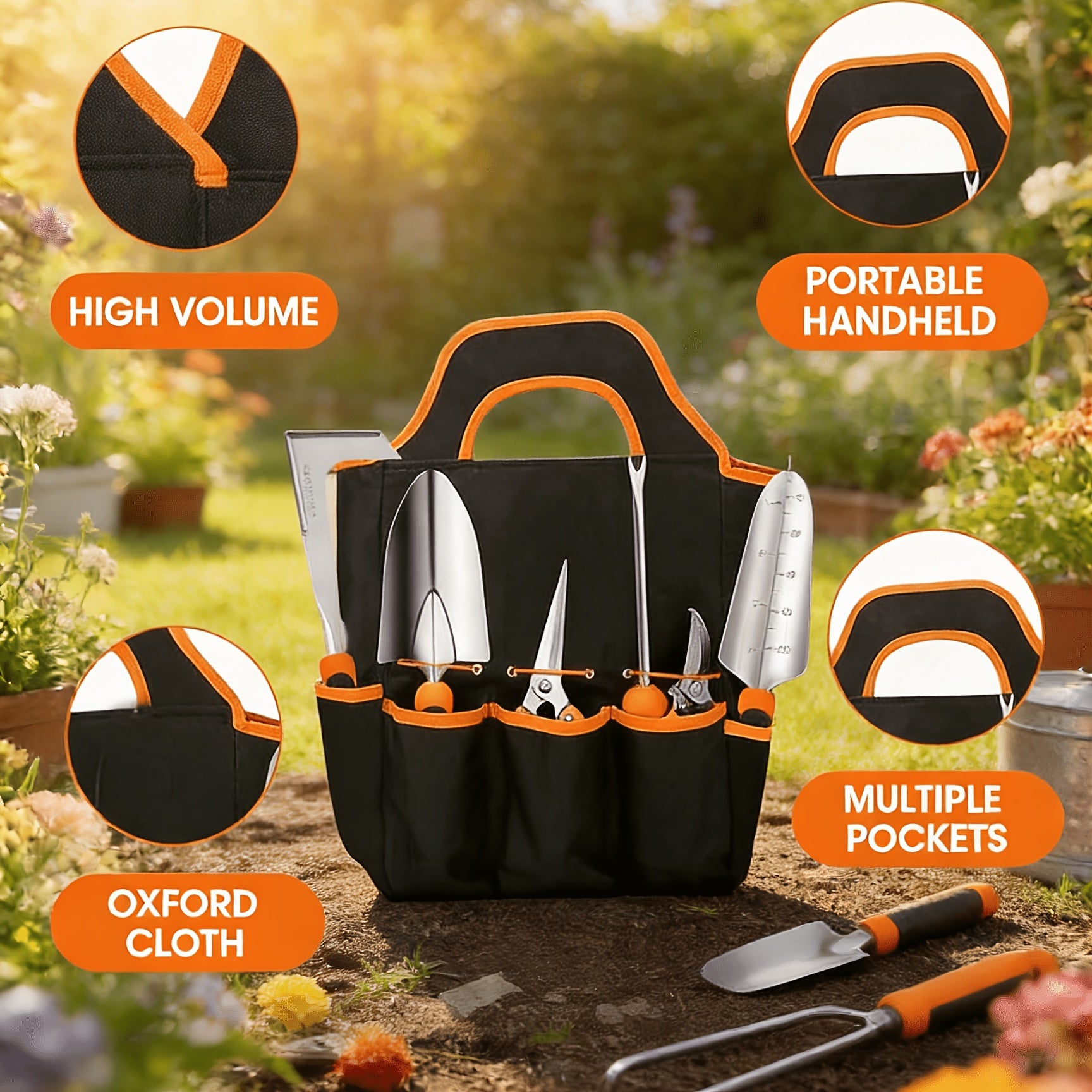 7pcs Pink\u002FBlack And Orange Gardening Tool Set, Heavy Duty Aluminum Hand Tools, Ergonomic Non-Slip Handles, Metal Gardening Tool Bag with Gloves And Carrying Pouch, Floral Design for Women