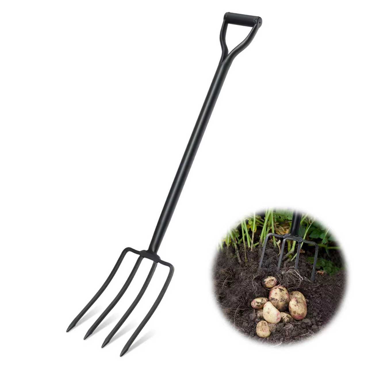 Heavy-Duty 4-Prong Garden Fork, Made of Carbon Steel, 42-Inch Long Handle with Ergonomic Non-Slip Grip, Ideal for Soil Turning, Weeding, Lawn Maintenance & Planting, Gardening Equipment