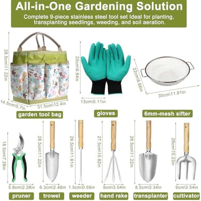 A Set of Gardening Tools Designed for Weeding, Planting, And Digging, Featuring a Stainless Steel Soil Sifter with a 1\u002F4 Inch Mesh And a Convenient Organizer Bag, Perfect As Gifts for Gardening Enthusiasts