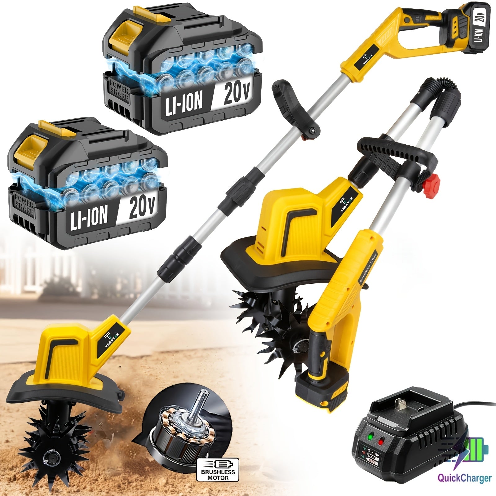 20V Cordless Tiller Cultivator, Electric Garden Tiller, Lightweight Handheld Tiller Cultivator, 9-inch Tilling Width & 6.6-inch Depth Rototiller, Equipped with 1 Or 2 Battery & Charger, Suitable for Turning Soil in Courtyard Farming in Field