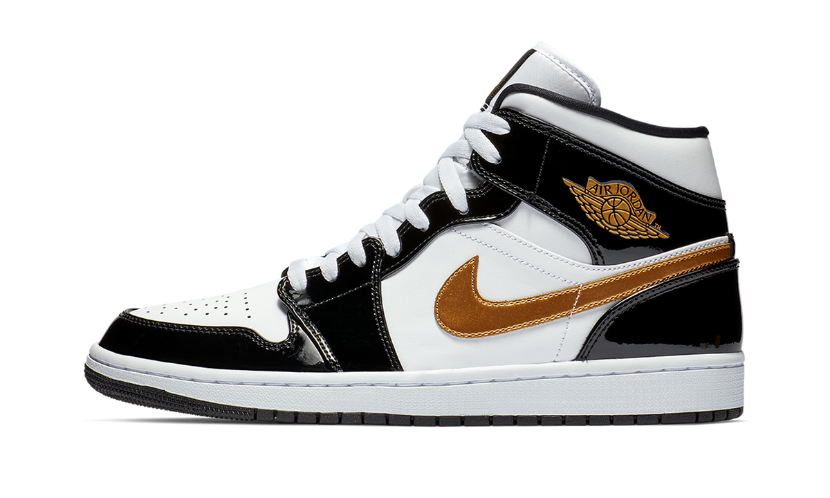 Jordan 1 Mid Patent Black White Gold